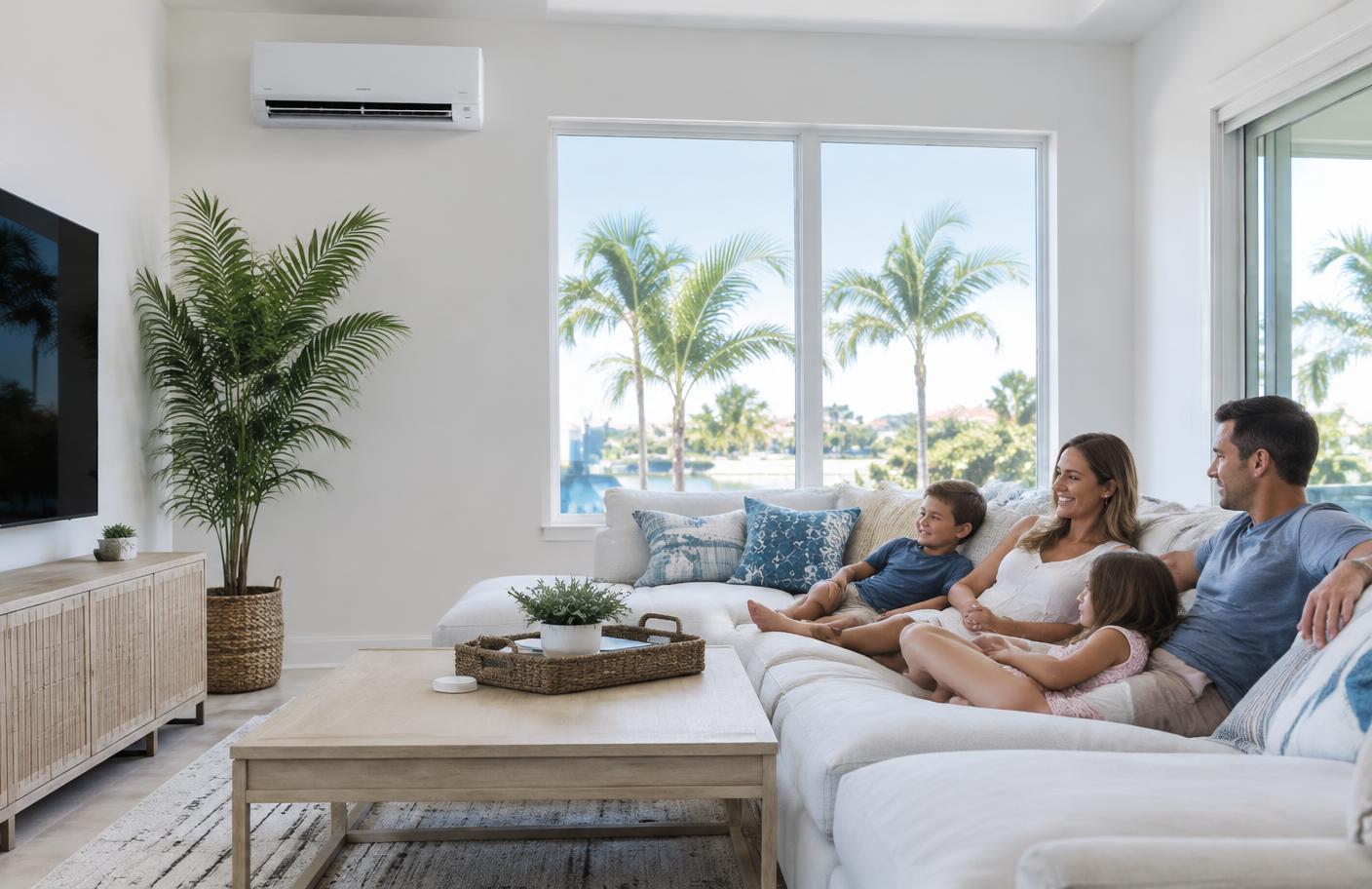 Family relaxing in a cool Florida living room